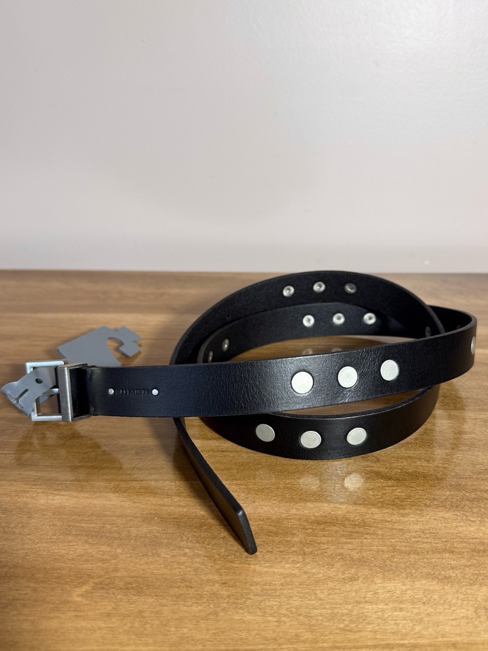 AllSaints Black Leather Studded Belt with Silver Buckle - Picture 2 of 6